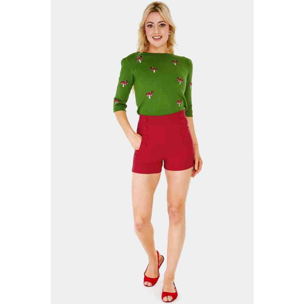 Voodoo Vixen - Faux Button Back Zipper Korte broek - Rood